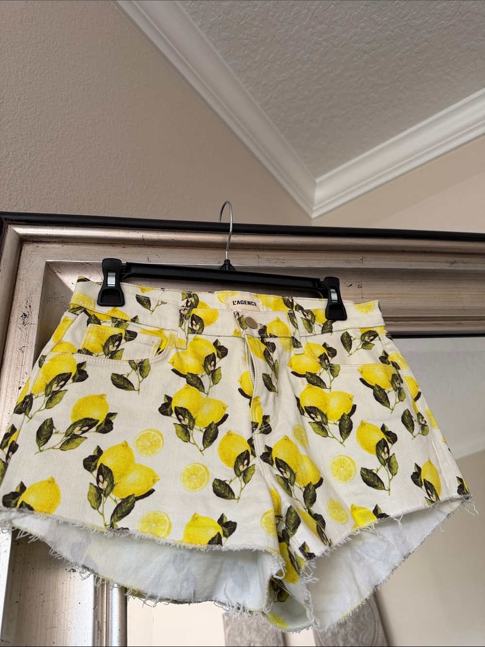 L'AGENCE White Denim Shorts with Yellow Lemon Print